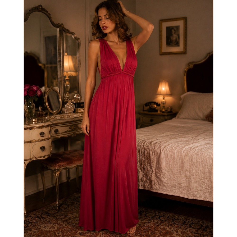 Vintage 70s 80s Vanity Fair 34 Red Maxi Nightgown Dress Nylon Antron III USA